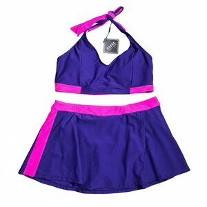 NWT | ZAFUL Purple & Pink Color-Block Skirted Swimsuit Set | XLarge